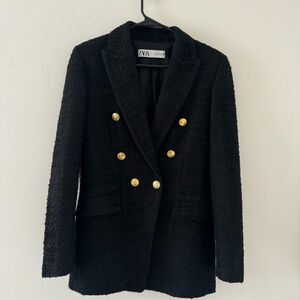 Zara Soft Tweed Long Oversized Blazer Size XS Black Gold Buttons Balmain Style